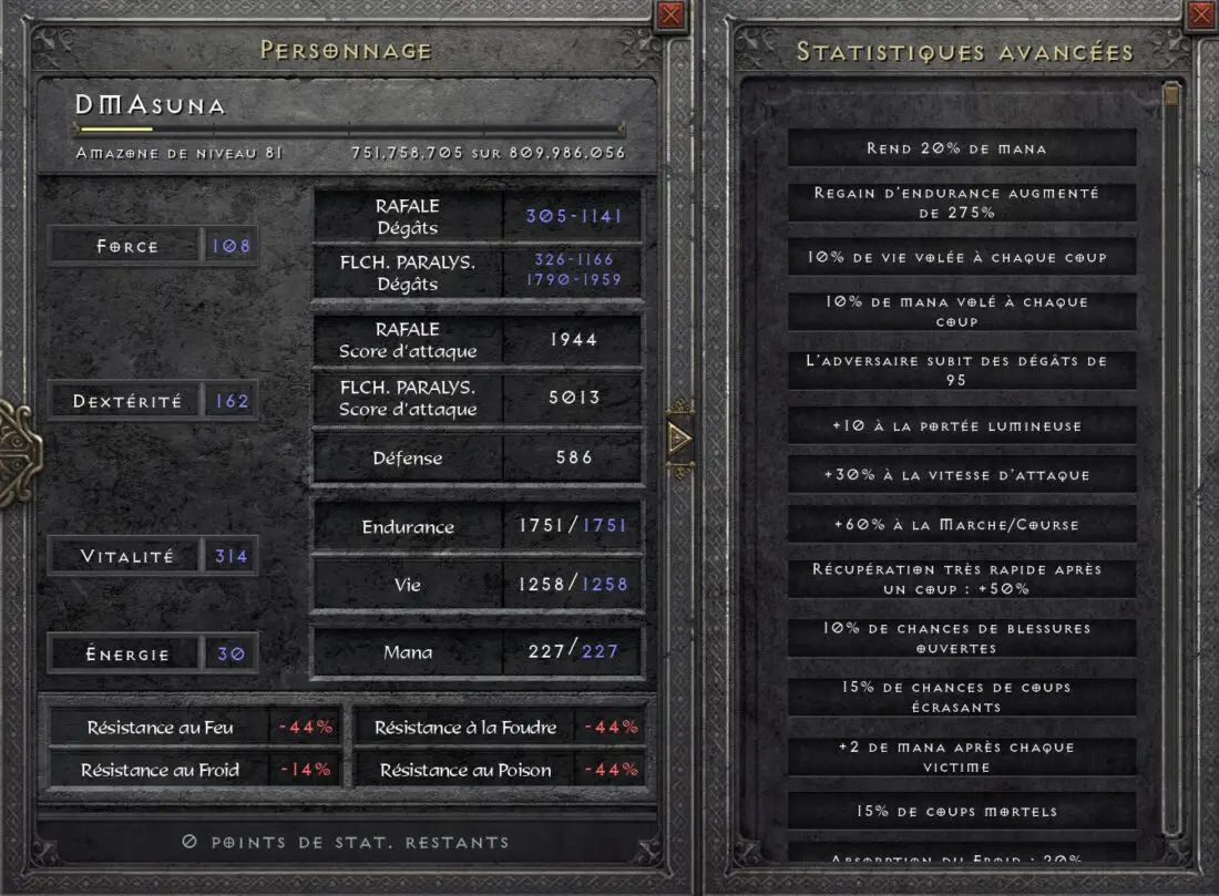 Statistiques Amazone Bowa Hybride Diablo 2 resurrected