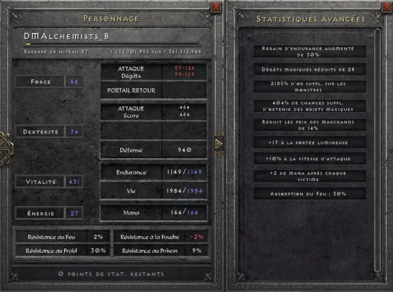 Statistiques Barbare GF Gold Find Endgame Diablo 2 Resurrected
