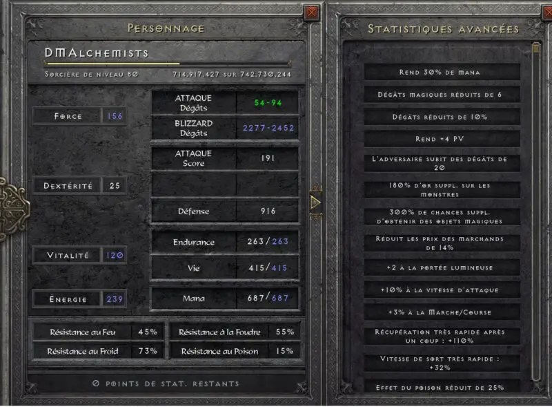 Statistiques Meilleur Sorcière Blizzard MF ou PvP Endgame Diablo 2 Resurrected