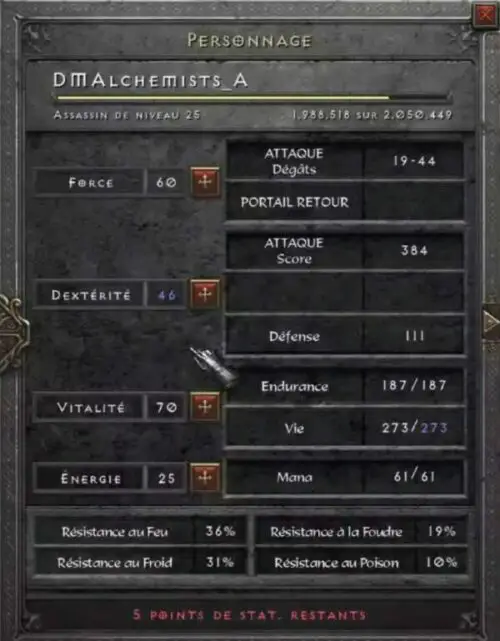 Assassin trap diablo normal leveling attributs niveau 25